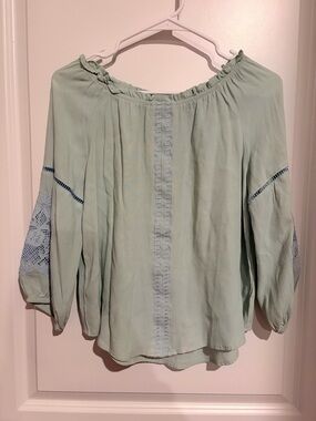 Blue Rain Mint Peasant Blouse with Embroidered Sleeve Panels